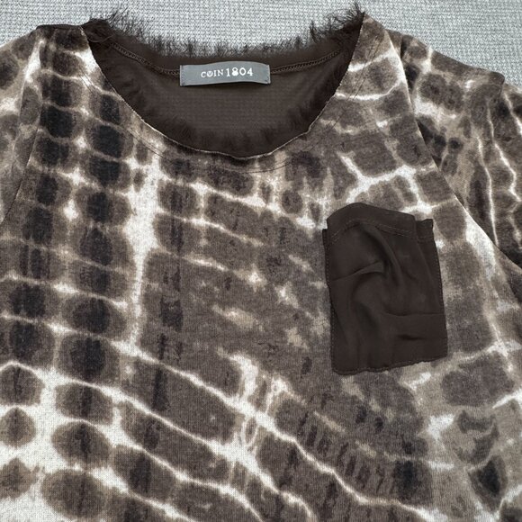 Coin 1804 Womens Brown Tie Dye 3/4 Sleeve Blouse Fringe Trim Sheer Panel Size S - Picture 4 of 14